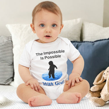 Bella+Canvas baby onesie with “Impossible Baby” design and faith-filled message, soft cotton, envelope neck and snap closure, Christian apparel for infants and spiritual encouragement, baby boy in white onesie
